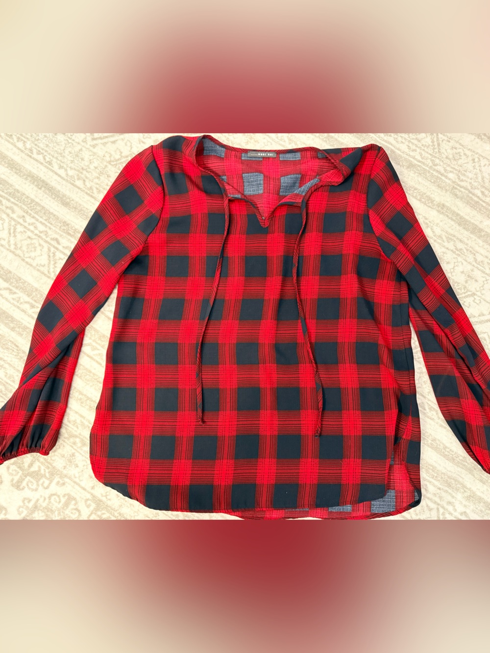 West Kei Red and Black Plaid Tie-Neck Blouse